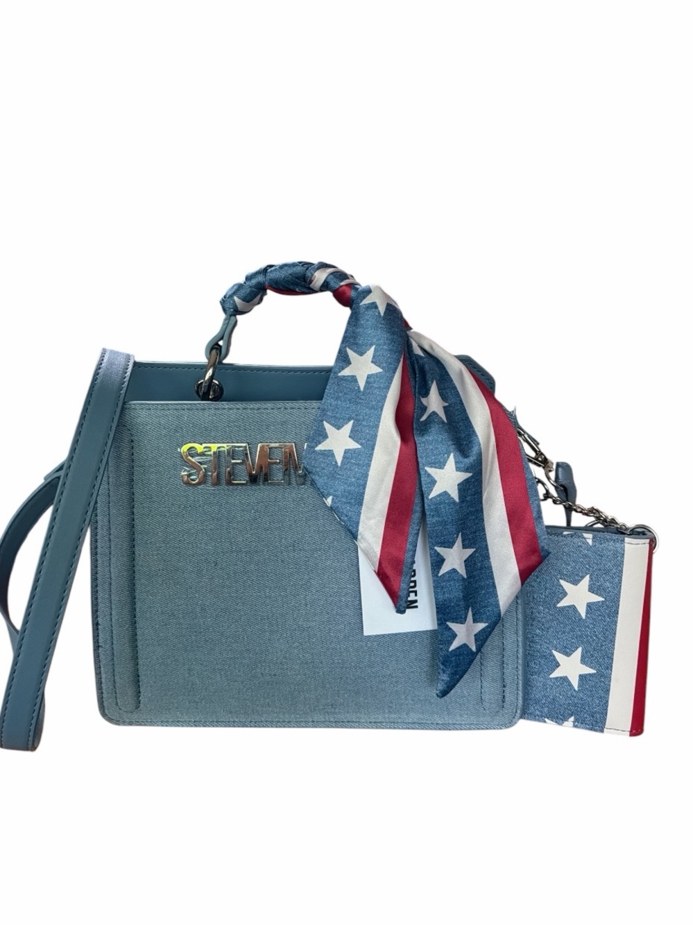 Steve Madden Bevelyn Blue Denim Satchel Crossbody Bag Americana Scarf & ID Case